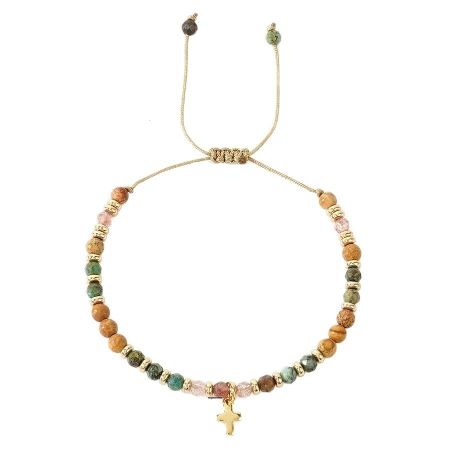 Colorful Natural Stone Bracelet with Turquoise and Gold Spacer Alloy Pendant Wax Thread Braided Bracelet Cross Half Bracelet 240723