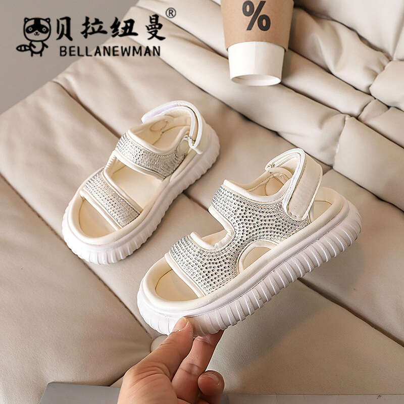 Bella Newman Girls' Fashion Rhinestone Sandals 2024 Summer New Children's Solid Color Open-Toe Beach Shoes for Big Kids