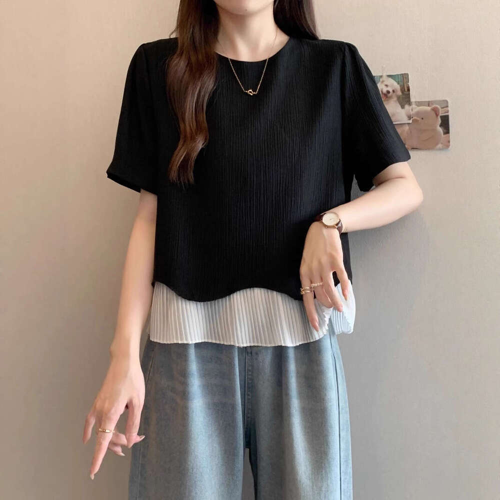 Plus Size Gentle Ruffled Patchwork Short Sleeve T-Shirt For Women Summer New Korean Style Regular Shoulder Design Niche Top B5 h7