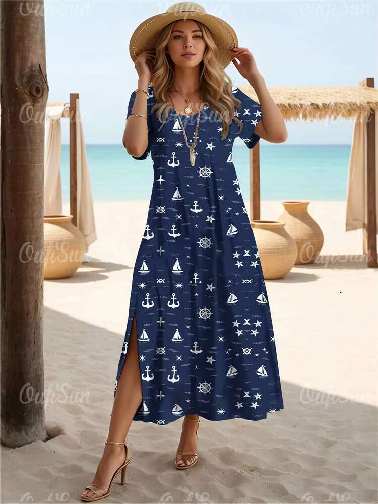 New Vacation Womens Anchor Print Elegant Midi Dresses Female Short Sleeve Dress Fashion Oversized Clothes Summer 2024 dongdumaoyi