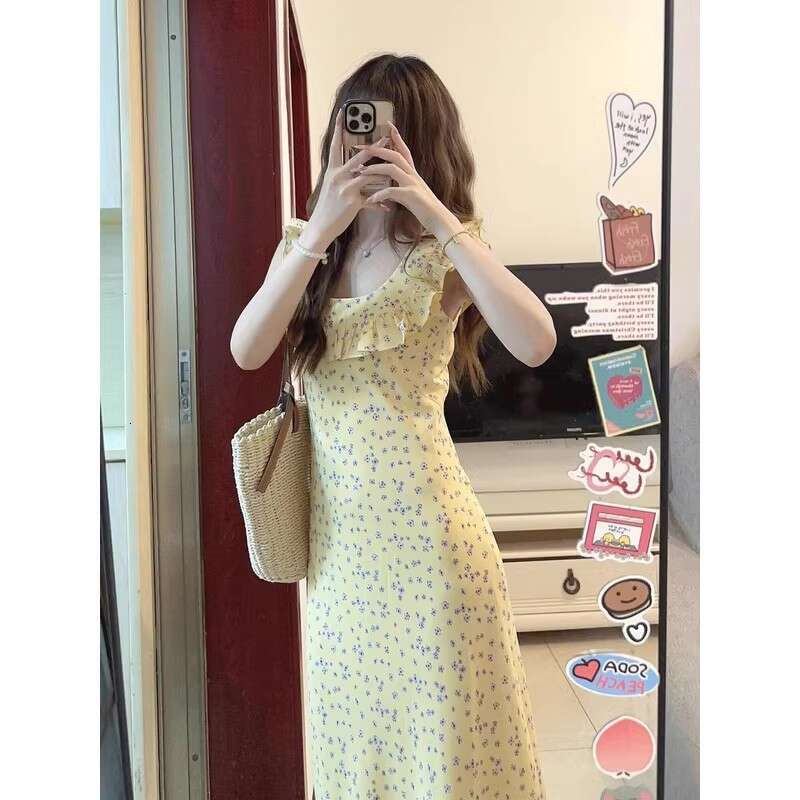 French Sweet Blue Polka Dot For Women Summer New Elegant Waist-Cinching Small Flutter Sleeve Mermaid Long Dress B5