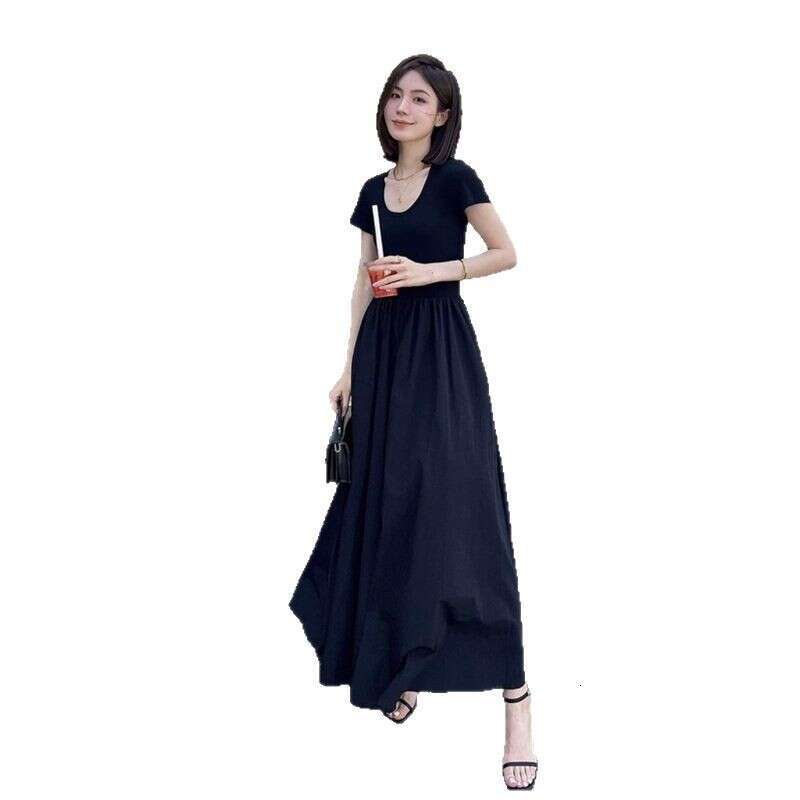 Hepburn Style Black Short Sleeve Summer New French High-End Waist-Cinching Slimming Over-Knee Long Dress B5