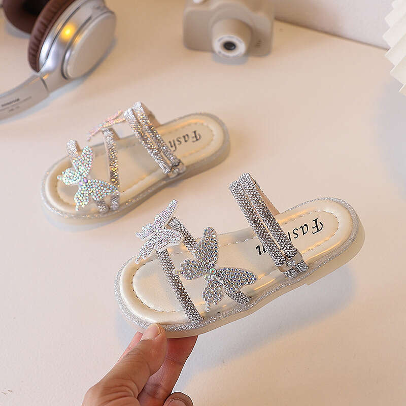 Children's Rhinestone French Style One-Strap Sandals 2025 Summer New Fashion Bowknot Fairy Slippers for Girls