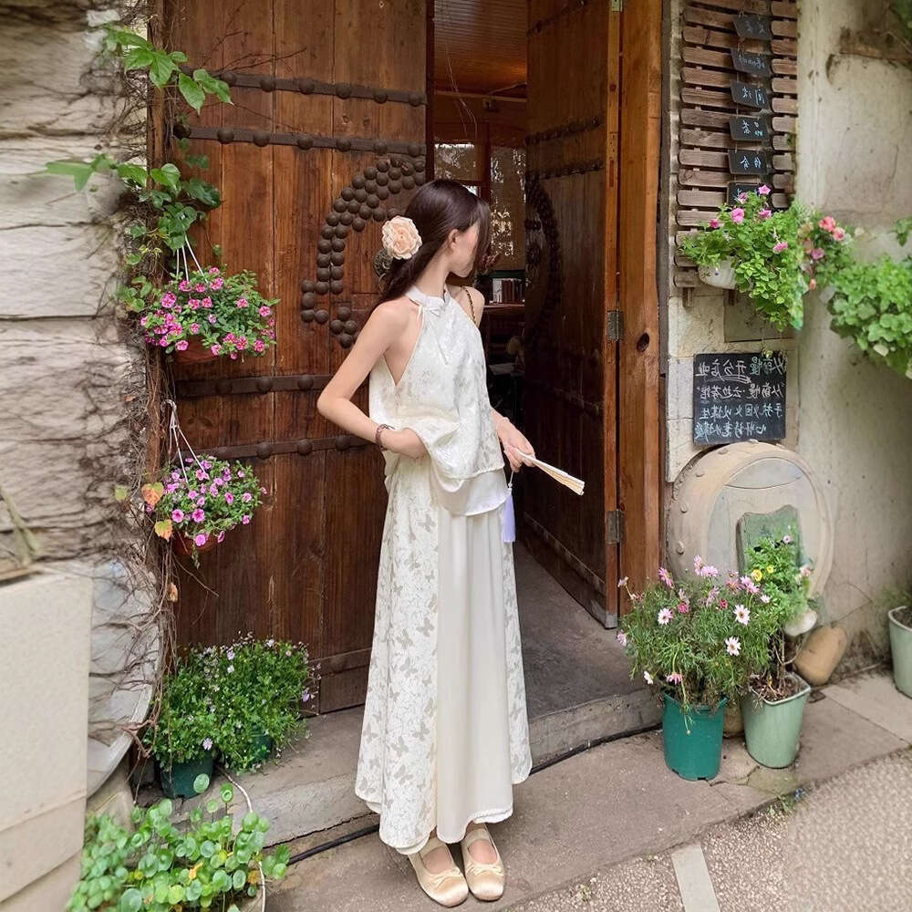 New Chinese Style National Trend Dress For Women High-End Butterfly Print Top Half-Length Long Skirt Two-Piece Summer Set B5