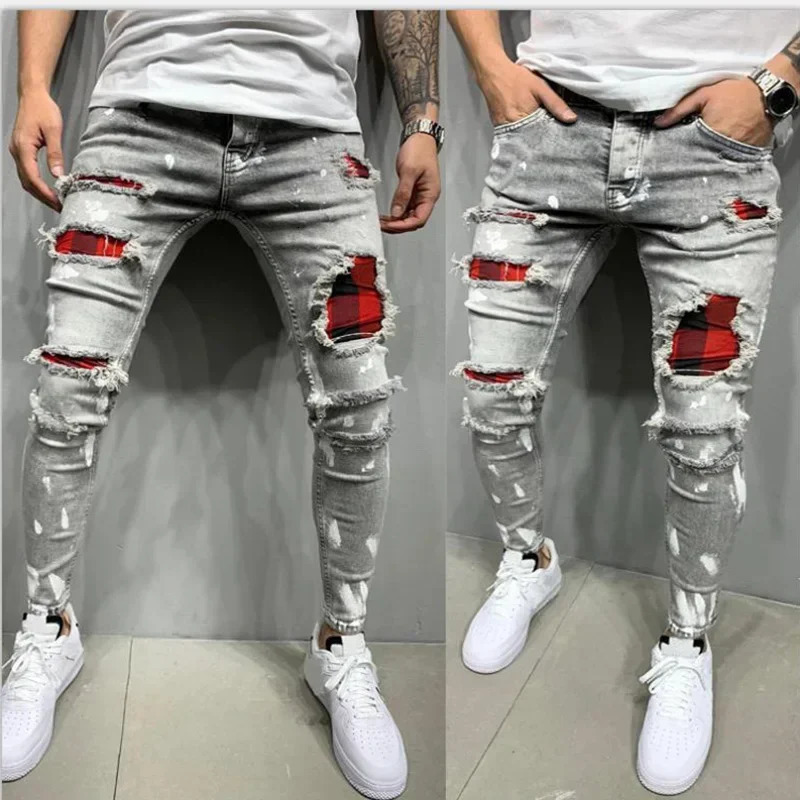 Men Biker Slim Elastic Denim Cargo Pants Joggers High Quality Hole European and American Fashion Streetwear Ripped Skinny Jeans 250710
