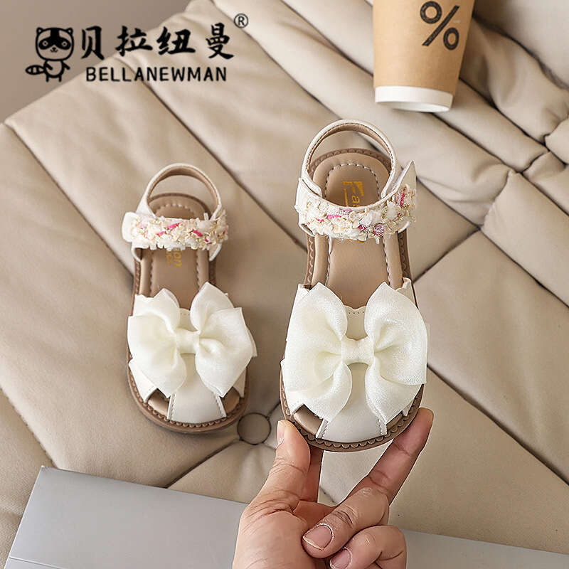 Girls' Mesh Bow Princess Closed-Toe 2025 Summer New Children's Fashion Soft Sole Sandals for Big Kids