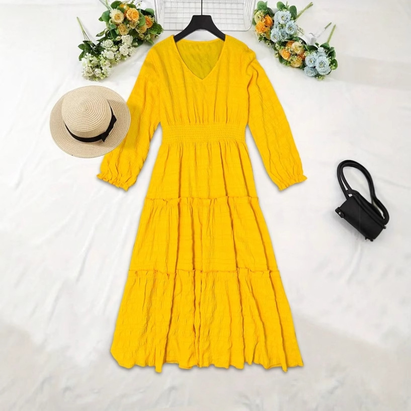2025 New women's dress new women's V-neck sexy A-line dress solid color long sleeved loose summer dress new designer dress