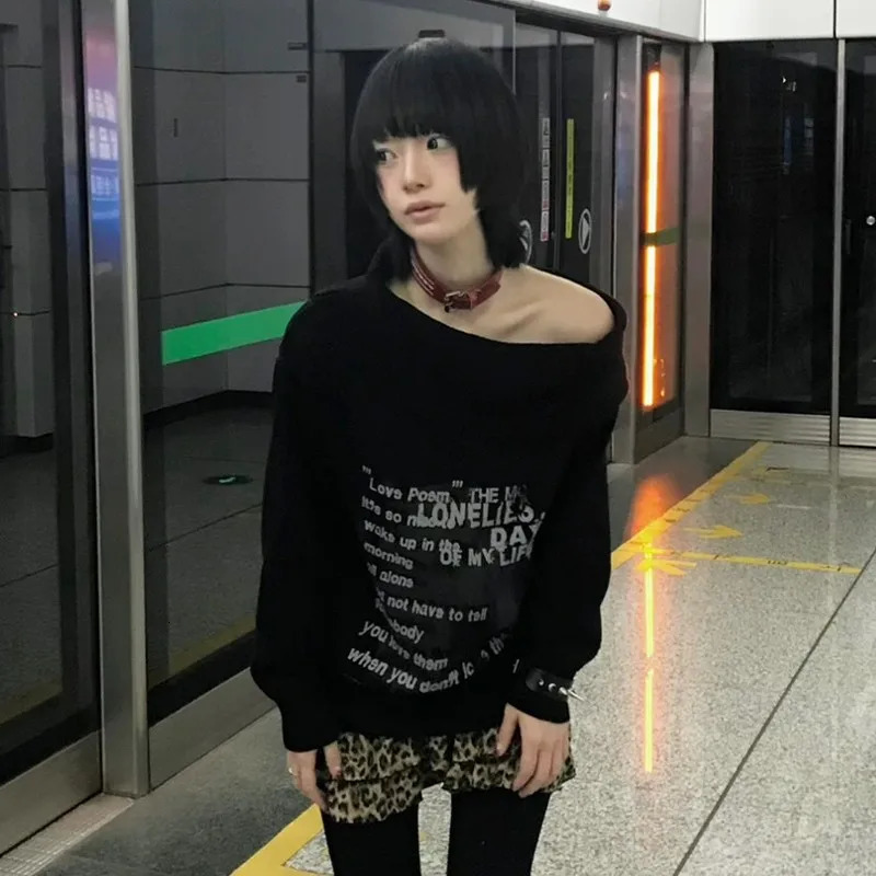 Karrram Japanese Y2k Off Shoulder Sweater Grunge Aesthetics Slash Neck Knitted Pullovers 2000s Vintage Korean Black Knitwear 250708