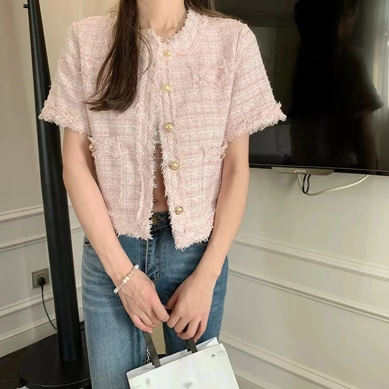 Fashion Tweed Jacket Women Spring Vintage Elegant Coat Single Breasted Blazer Ladies All Match Chic Short Outerwear Tops 250709