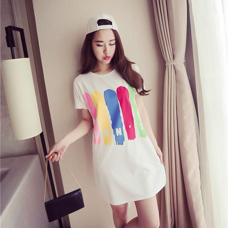L895 Summer new Korean version loose printed round neck student short-sleeved T-shirt female mid-length dress female