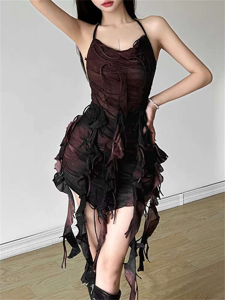 Nibber Halter Tie Dye Dress Stunning Women Hipster Tassel Ruched Backless Bandage Vestidos Female Y2K Summer Party Street Robe dongdumaoyi