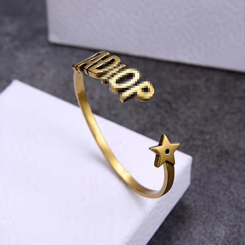 High Quality retro brass women Letter Designer bracelet Open Bangle Vintage Star bracelets fashion jewelry for women Elegant Gift stainless wristband #231