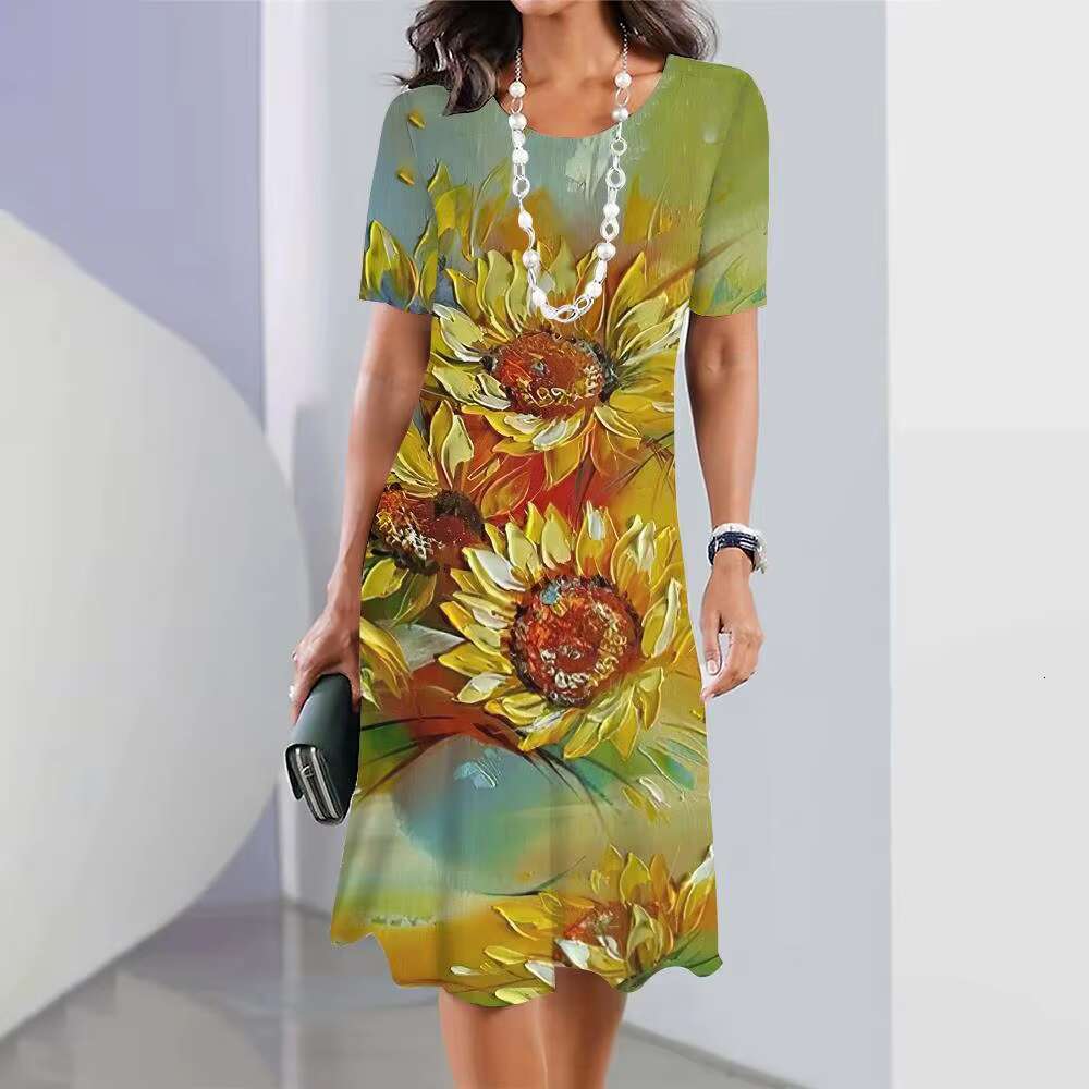 2024 New Spring Floral Printed Elegant Casual Short Sleeve Fashion Oversized Womens Dresses dongdumaoyi