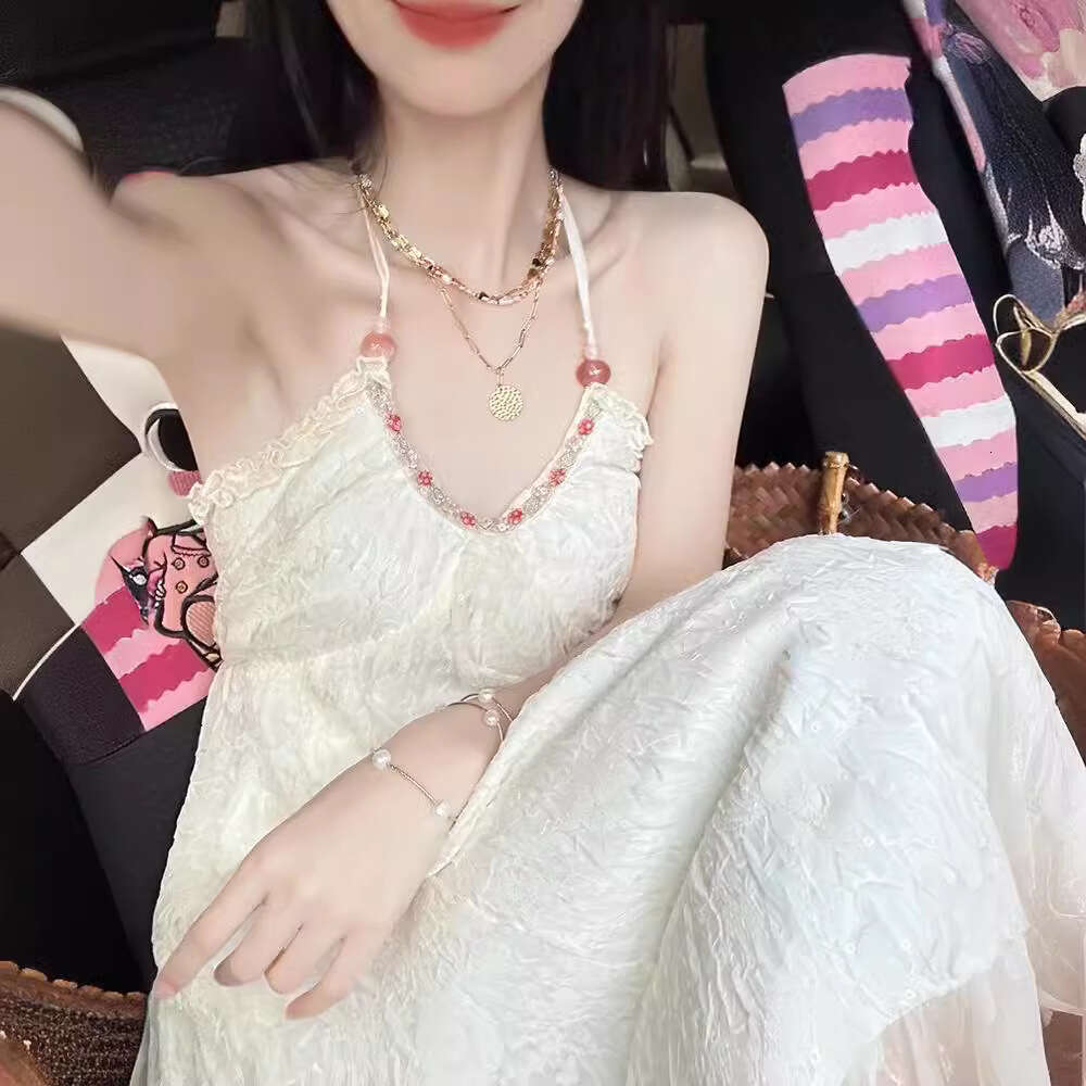 French Style White Halter Neck Strap For Women Summer New Beach Vacation High-End Elegant Long Dress B5
