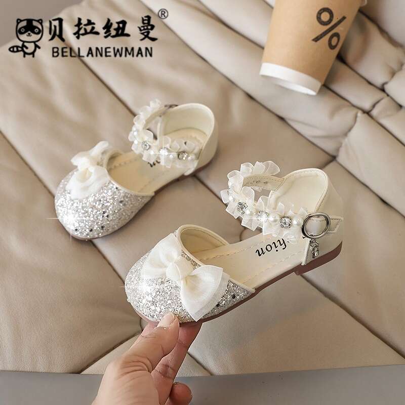 SHEIN Crystal Sequin 2025 Summer New Girls' Pearl Bow Princess Sandals Children's Shoes