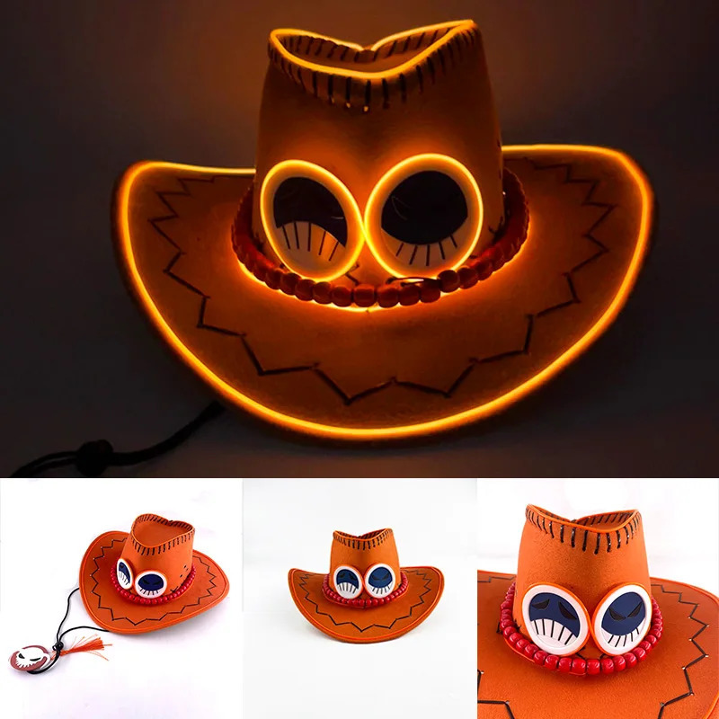 Glowing Firefist Ace pirate hat yellow luminous Portgas D costume neon cowboy for Halloween cosplay anime lovers 250704