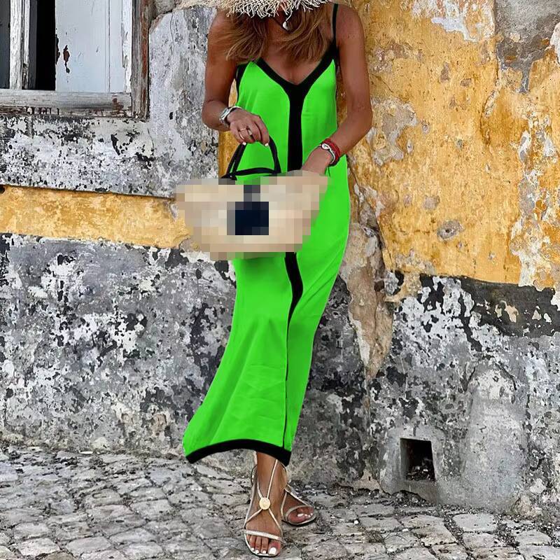 2024 Summer New Womens Fashion Color Blocked Suspender Sexy Sleeveless V-neck Mid Length Vacation Style A-line Dress dongdumaoyi