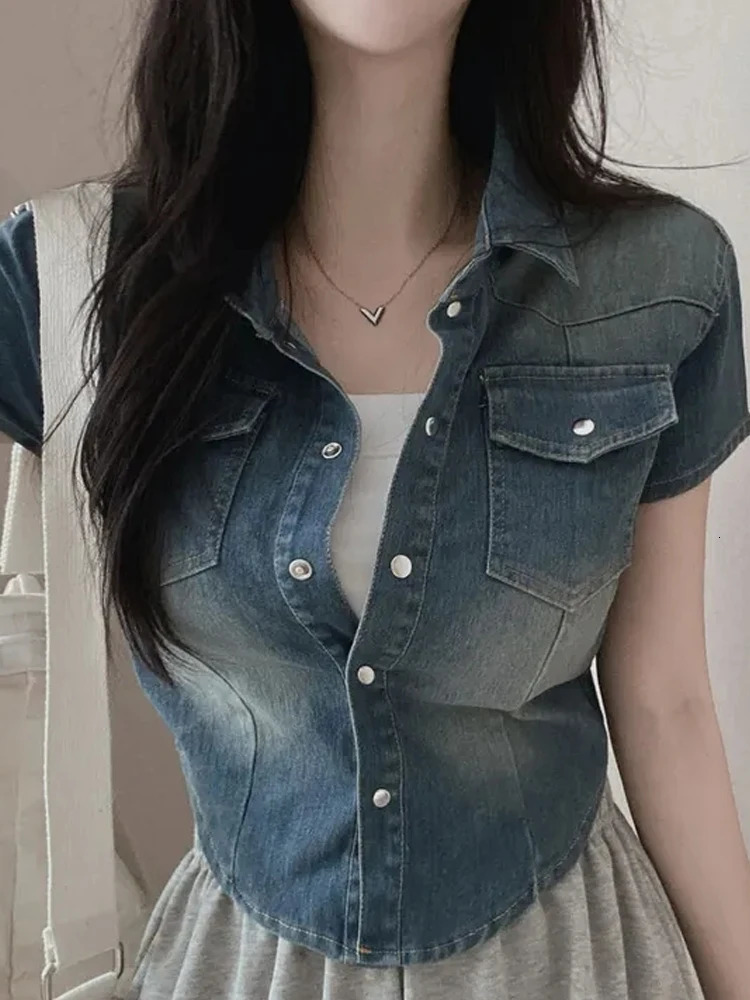 Slim Fit ort Sve Collar Denim irt Jaet Womens Lightweight Vintage n Summer Faion Small Size Top 250704