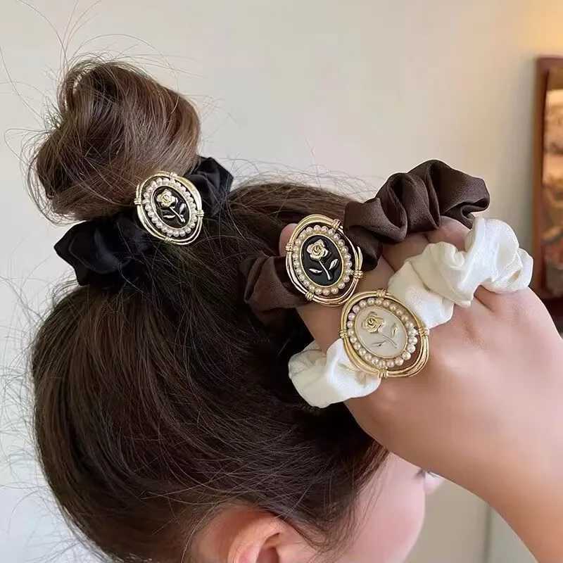 Hair ring French retro satin large intestine ring adult temperament hair accessories simple Joker Pearl balls hair rope. W250714E