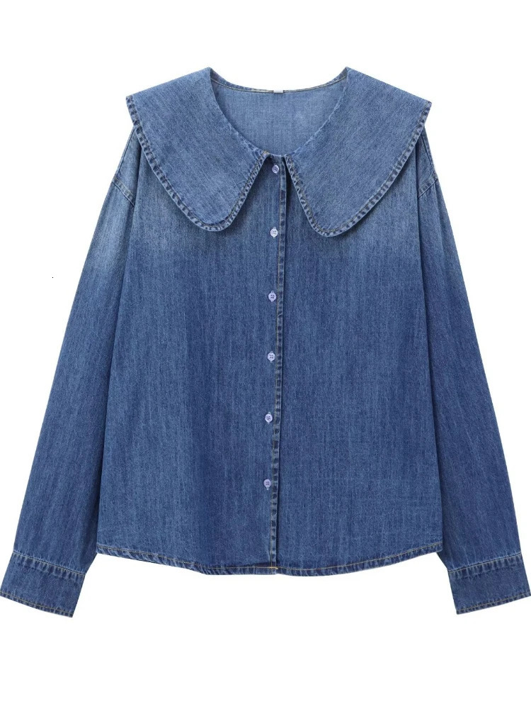 ZBZA Womens Casual Doll Collar Denim Shirt Long Sleeves Single Breasted Loose Solid Versatile Cowboy Blouses Fall Chic Top 250704