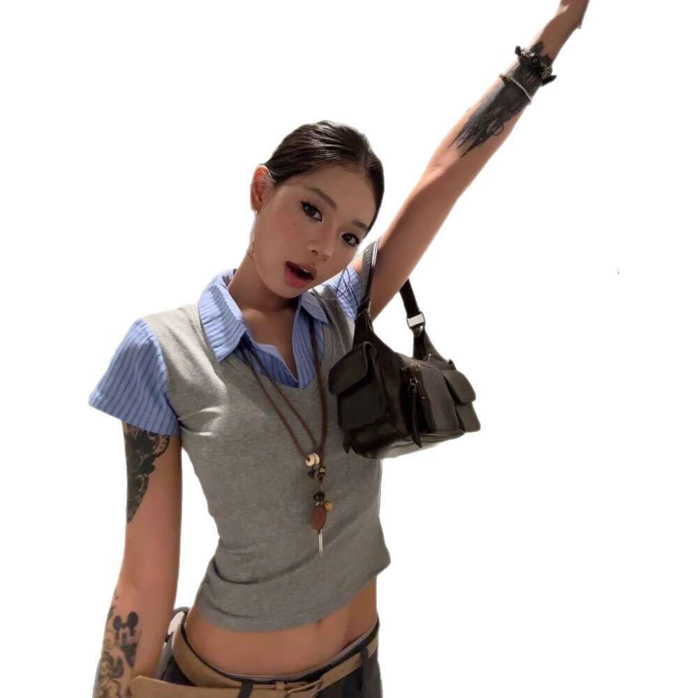 American Style Gray Fake Two-Piece Polo Collar Plaid Sleeve T-Shirt Women Summer Elegant Slim Fit Short Top For Petite Figures B5 h7