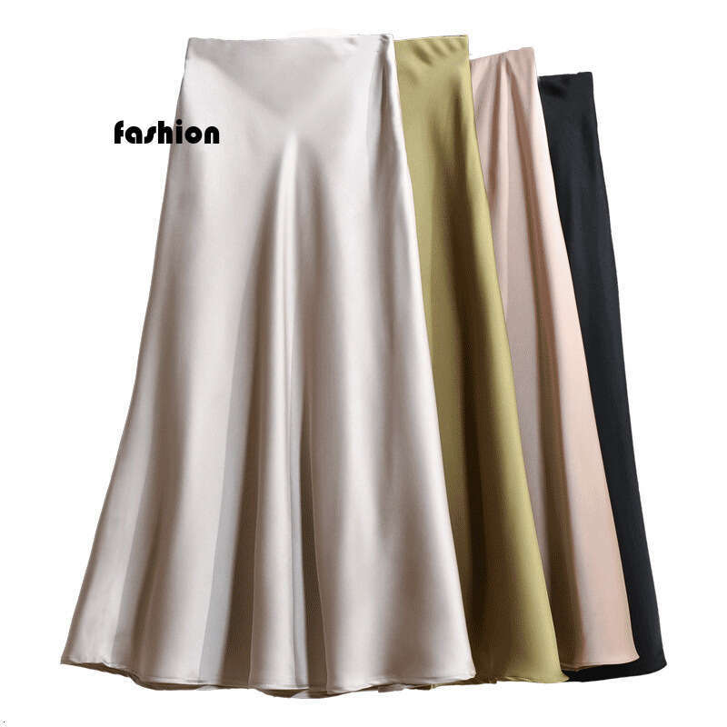 High-End Elegant Champagne Color Imitation Acetate Satin A-Line Spring Autumn Women New Style Half Long Skirt B5 h7