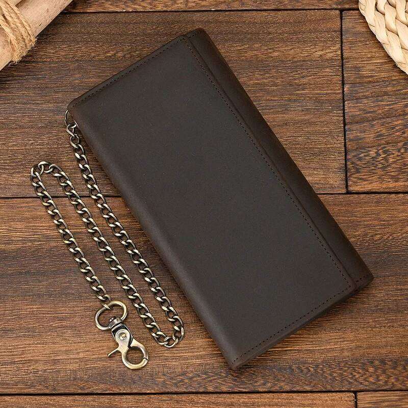 Genuine Leather Clip Multi Card Wallet With Iron Chain Wrist Men Purse For 6 Inch Mobile Phone Pouch Coins