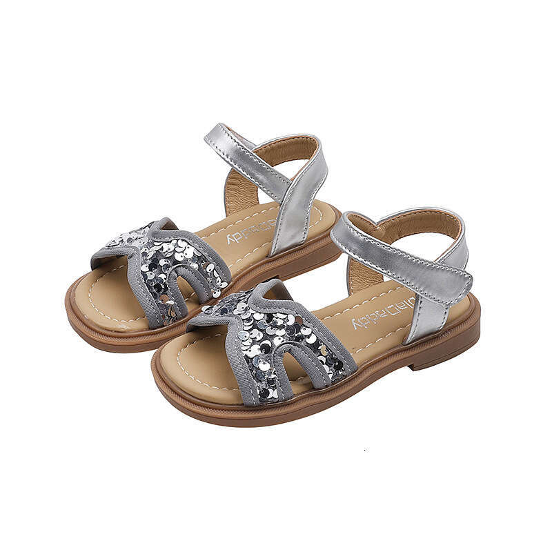 SHEIN Niche Design Girls' Fashion Sequin Princess Sandals 2025 Summer New Children's Soft Sole Beach Shoes