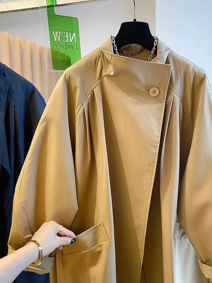 High End Stand Up Collar Outwear 2025 Spring Plus Size Womens Casual Loose Mid Long Windbreaker Lining Jacket Khaki Black Top 250708