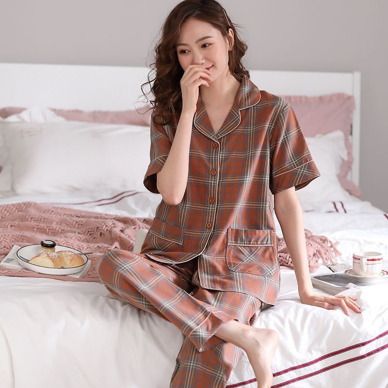 B969-Pure cotton pajamas women summer short-sleeved trousers cardigan pure cotton plus size casual loose home clothes suit
