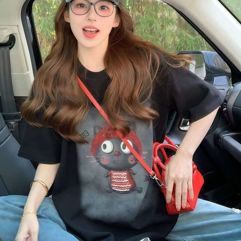 100% Cotton Cartoon Cat Print Round Neck Short Sleeve T-Shirt For Women Summer New Loose Casual Versatile Youthful Top Trendy B5