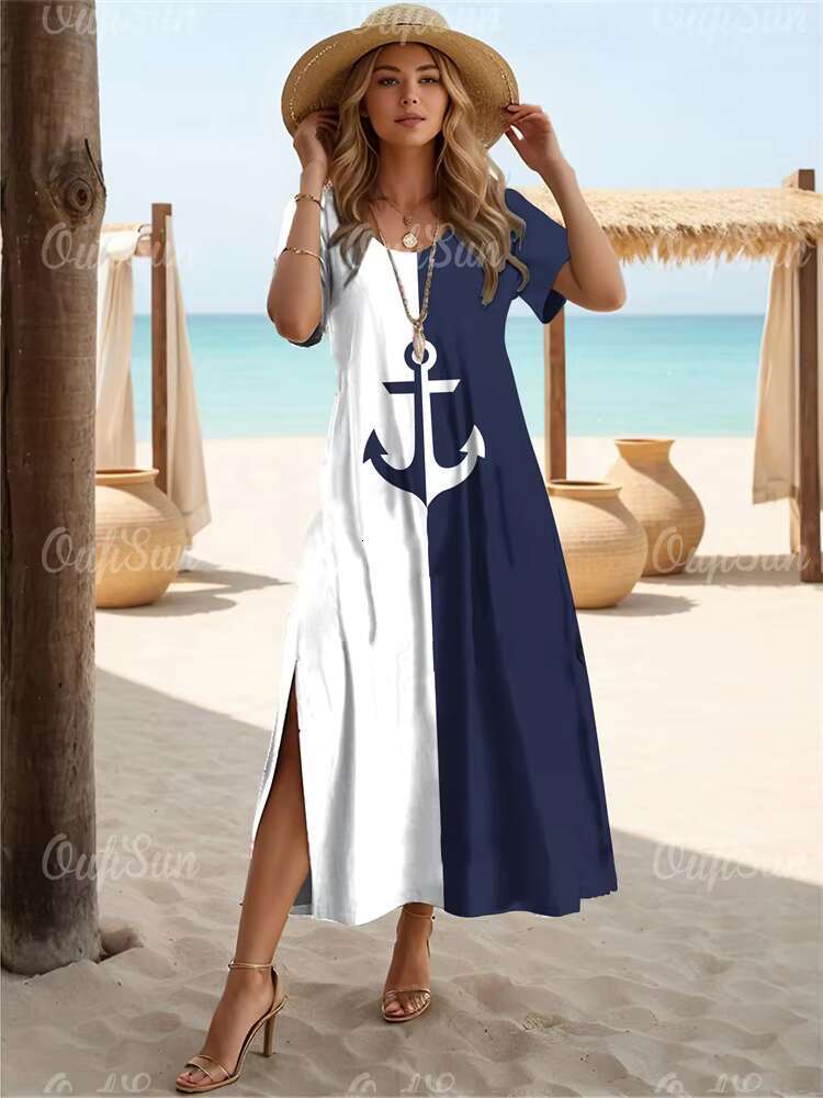 New Vacation Womens Anchor Print Elegant Midi Dresses Female Short Sleeve Dress Fashion Oversized Clothes Summer 2024 dongdumaoyi