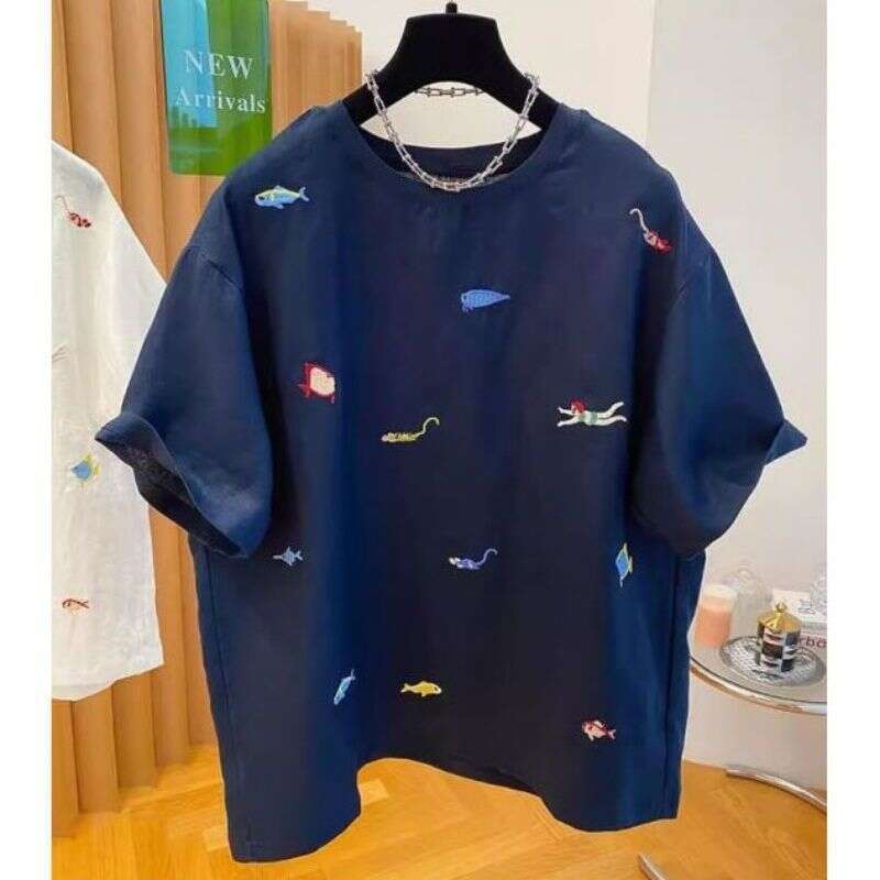 White Animal Embroidery Round Neck Short Sleeve T-Shirt For Women Summer New Loose Casual Korean Style Top B5