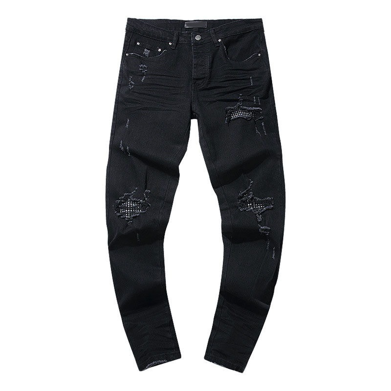 Men's Jeans Mens Black Streetwear Distressed Skinny High Stretch Tie Dye Blue Bandana Patchwork Destroyed Slim Fit