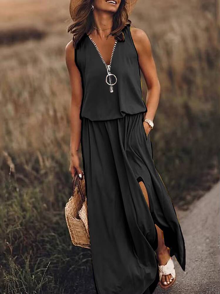 Fashion Sleeveless Tank Zipper Long Dress 2023 Summer Loose Casual Solid Slit Elegant Ladies Dresses For Women dongdumaoyi
