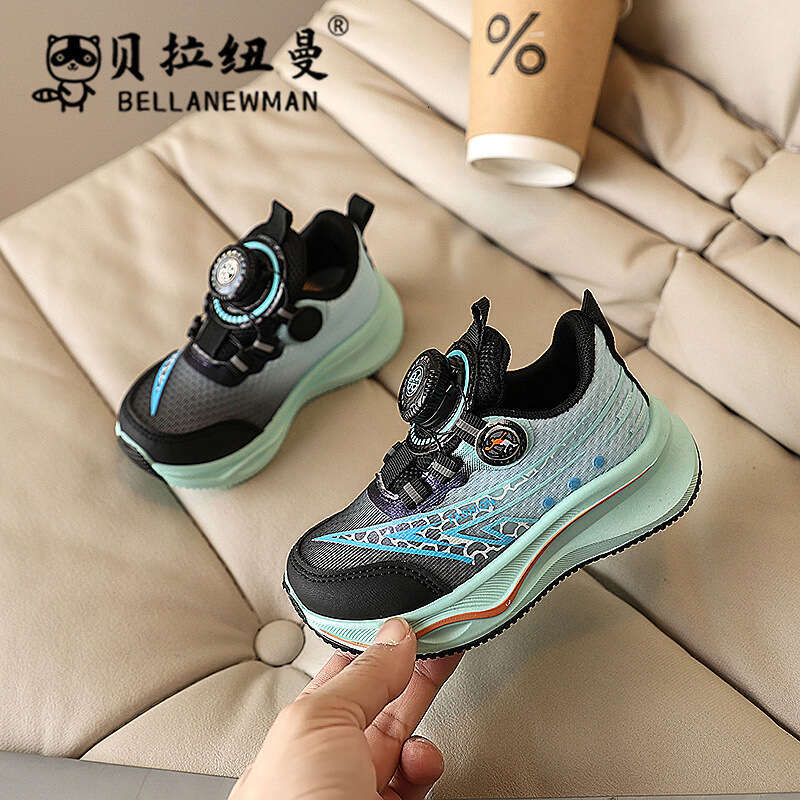 Children's Rotating Button Sneakers 2025 Spring Autumn New Korean Style Boys Casual Running Big Kids Mesh Shoes