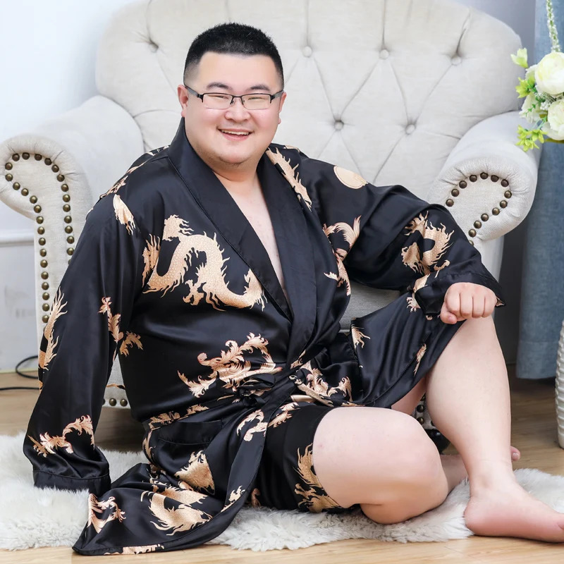 Men Silky Satin Kimono Robe 2PC 7XL Long Sleeve Shorts Set Soft Dragon Dressing Gown Bathrobe Sleeprobe Male Lounge Home Wear 250710