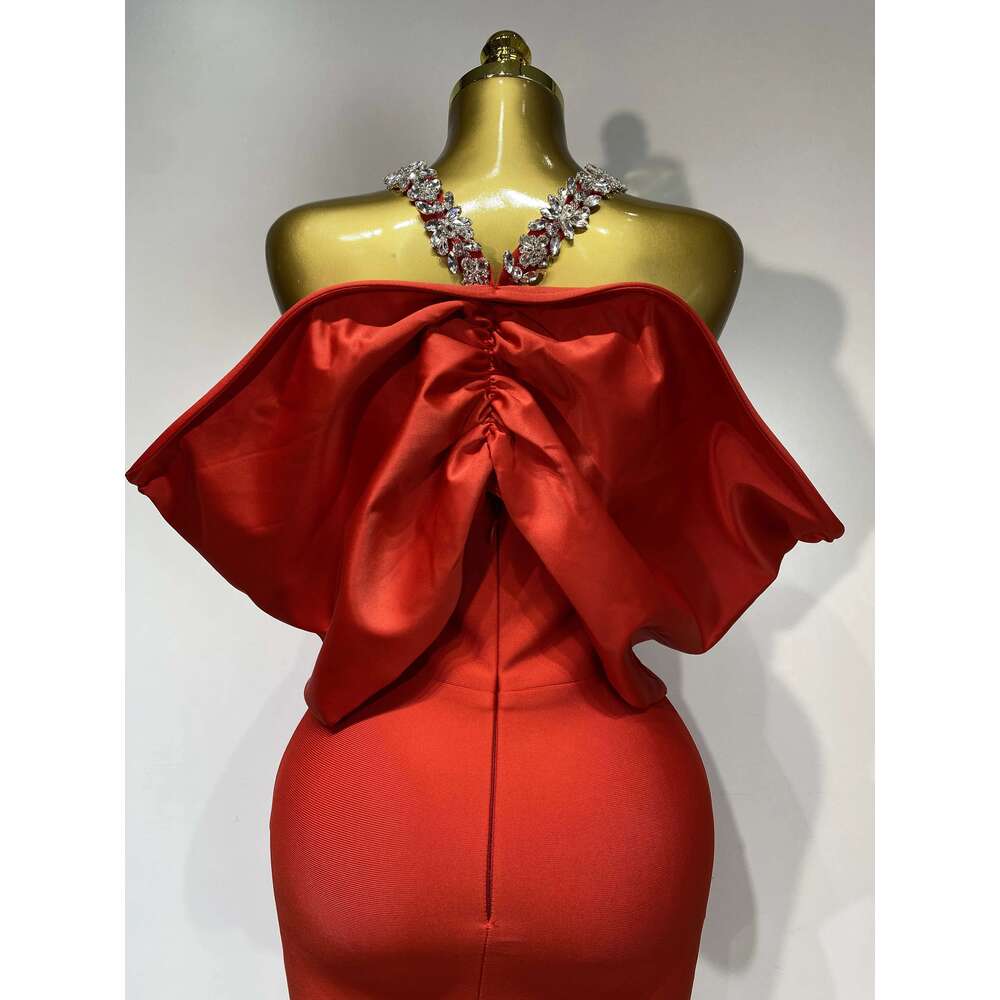 Women Sexy Elegant Halter Off the Shoulder Crystal Bodycon Long Bandage Nightclub Evening Party Birthday Dress