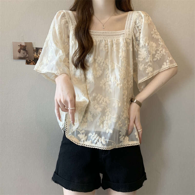 Plus Size French Style Mesh Lace Short Sleeve T-Shirt For Women Summer New High-End Fashionable Versatile Sweet Top B5