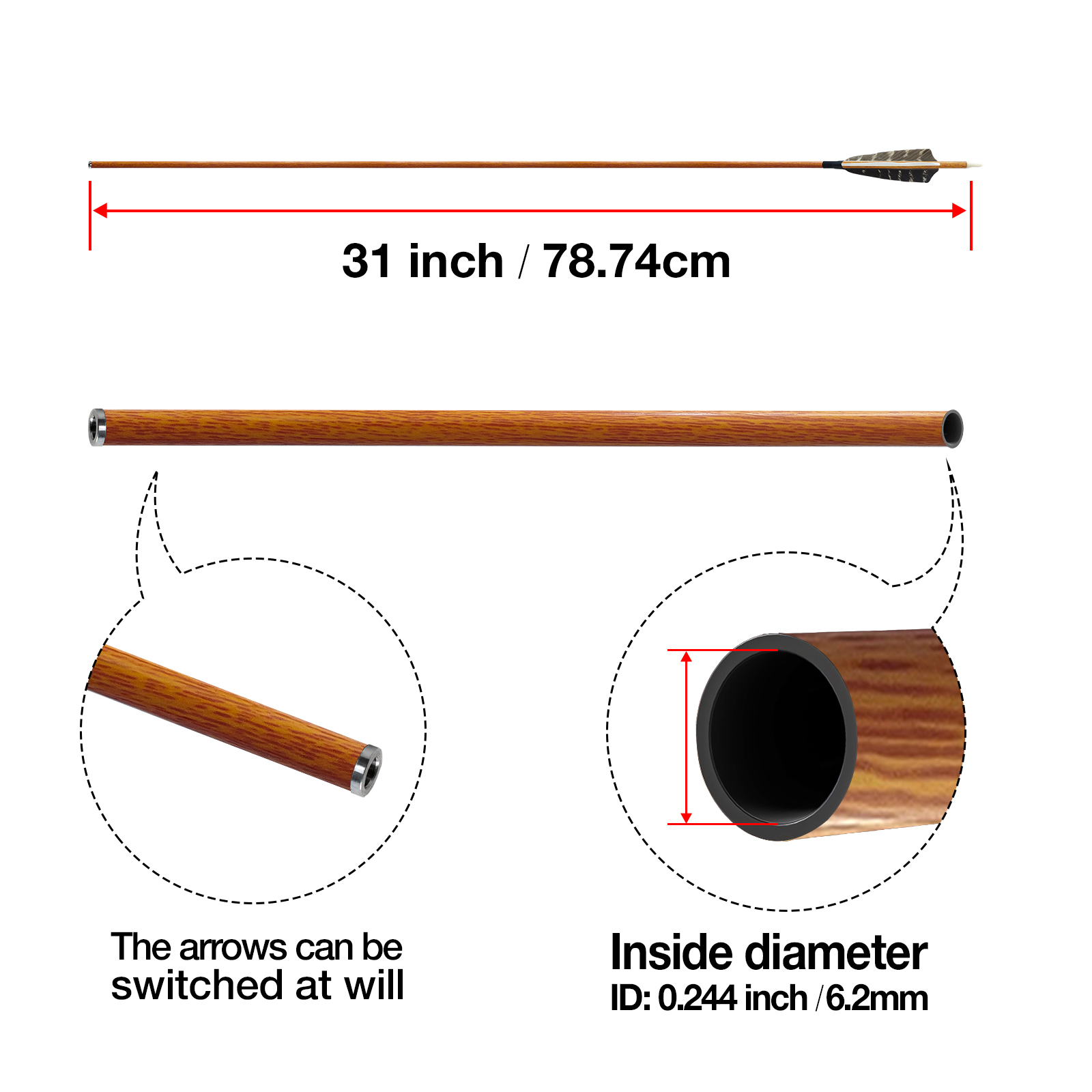 31inch Hunting Arrows Without Arrowheads Woodern Spine250-600 Carbon Fiber Archery Targeting Arrows 6.2mm Practice Arrows for Recurve Bow and Compound