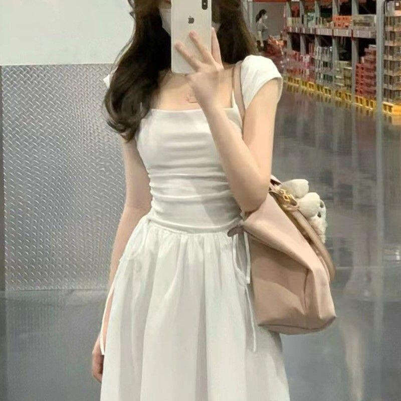 White Summer Women's Fashion New French Style High-End Elegant Long Waist-Cinching Slimming Fairy Dress B5