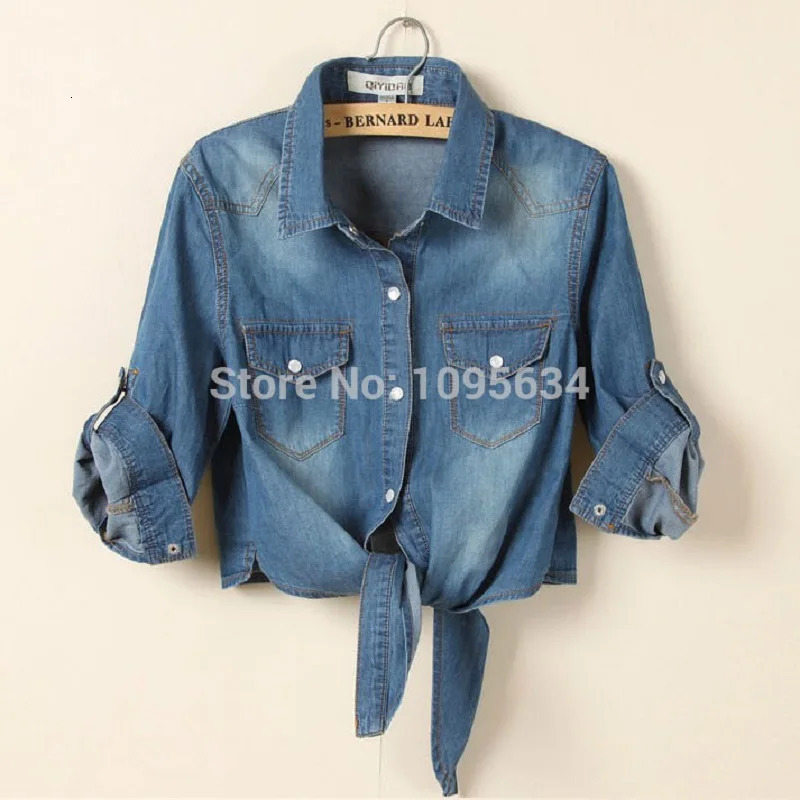 Women Spring Autumn Lightweight Denim Jacket Chic Halfsleeve Cardigans Turndown Collar Laceup n Shirt 250704