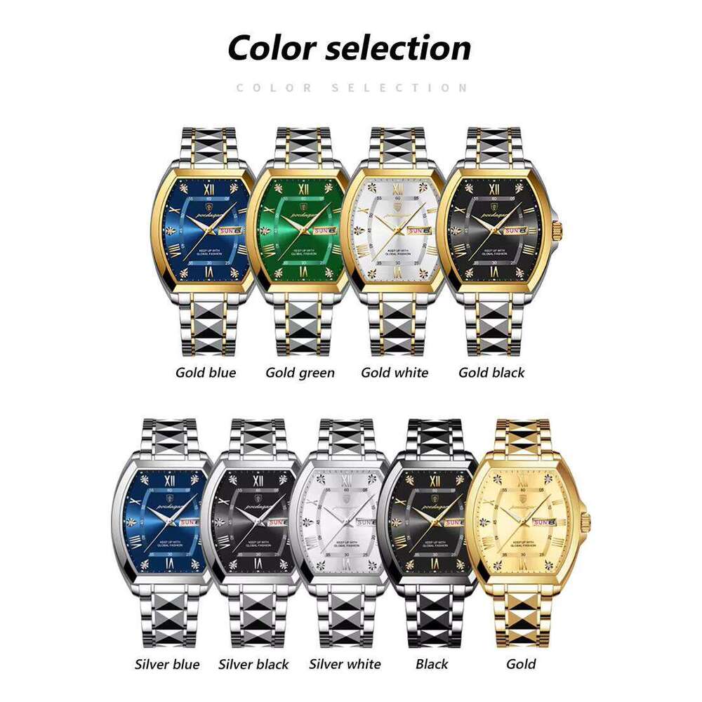DHwatches Men's Tonneau Watch - Waterproof 50M Luminous Quartz Wristwatch with Day & Date, Stainless Steel (Model 958)
