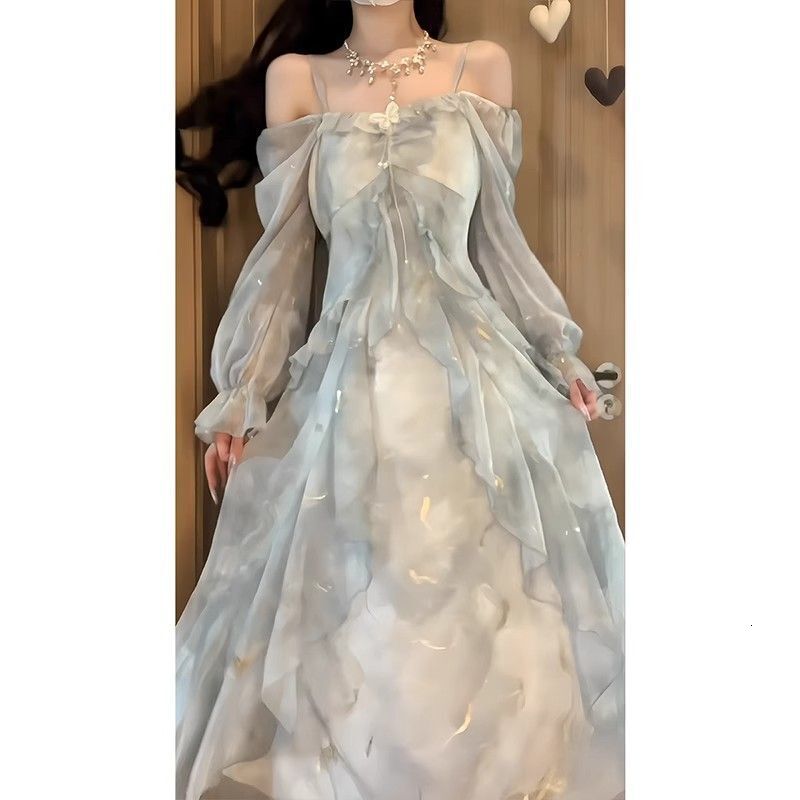 2025 New women's dress fog blue French gentle square neck elegant dress waist floral holiday fairy long dress new designer dress