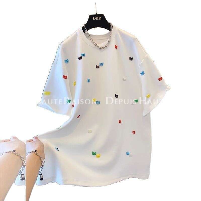 Summer Regular Shoulder Short Sleeve Unique Korean Style Embroidered Top Niche Design Loose Plus Size Women's T-Shirt B5 h7