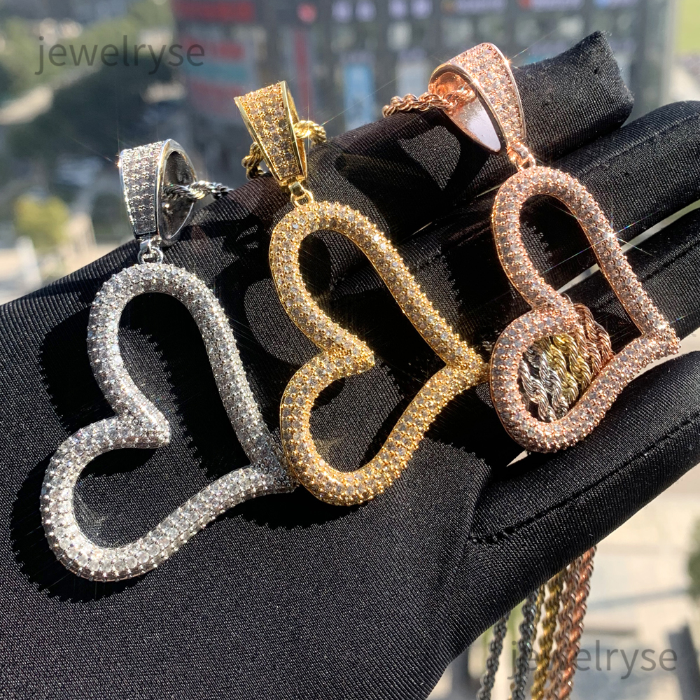 Trendy Tilted Hollow Heart Pendant Necklace Glossy Charms Iced Out Prong Setting CZ Cubic Zirconia Hip Hop Women Gift Jewelry