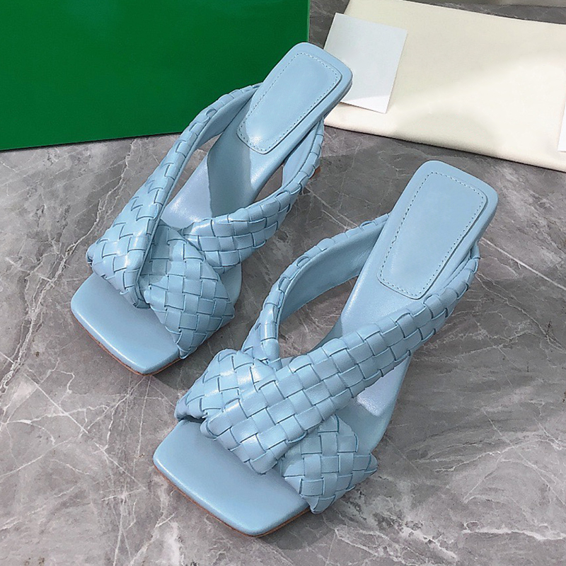 Designer sandals shoes slippers for Women summer Fashion Top Quality Genuine Leather soft knitting process heels 9CM big size sandal shoe Womens slipper 35-43