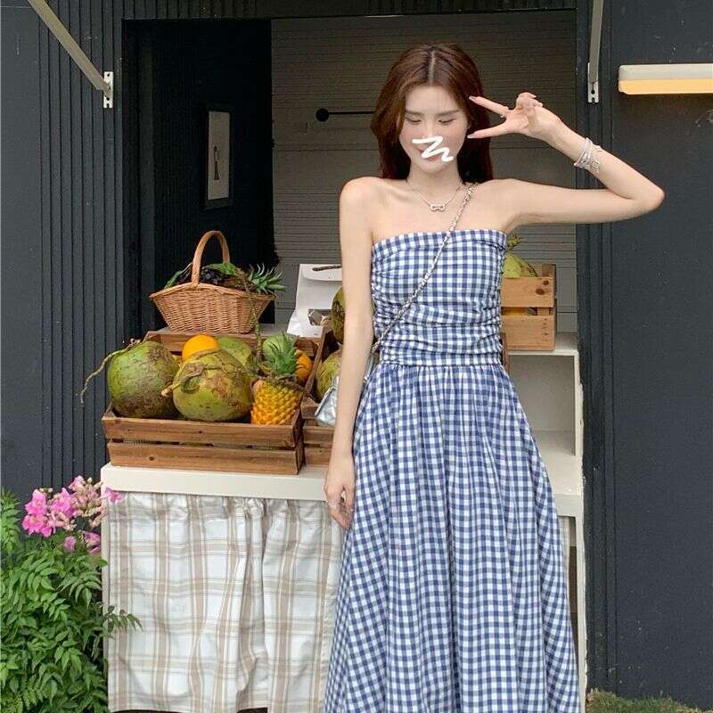 Summer Plaid Strapless For Women French Style High-End Elegant Waist-Slimming Vacation Long Dress B5