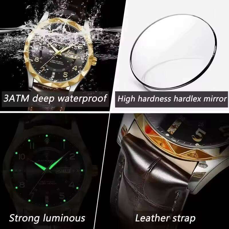 DHwatches Men's Leather Strap Watch - Waterproof 50M Luminous Quartz Wristwatch with Day & Date (Model 858 Leather)