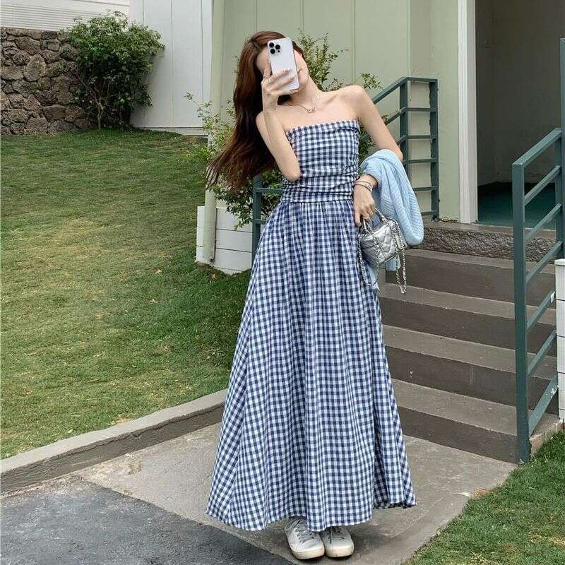 Summer Plaid Strapless For Women French Style High-End Elegant Waist-Slimming Vacation Long Dress B5